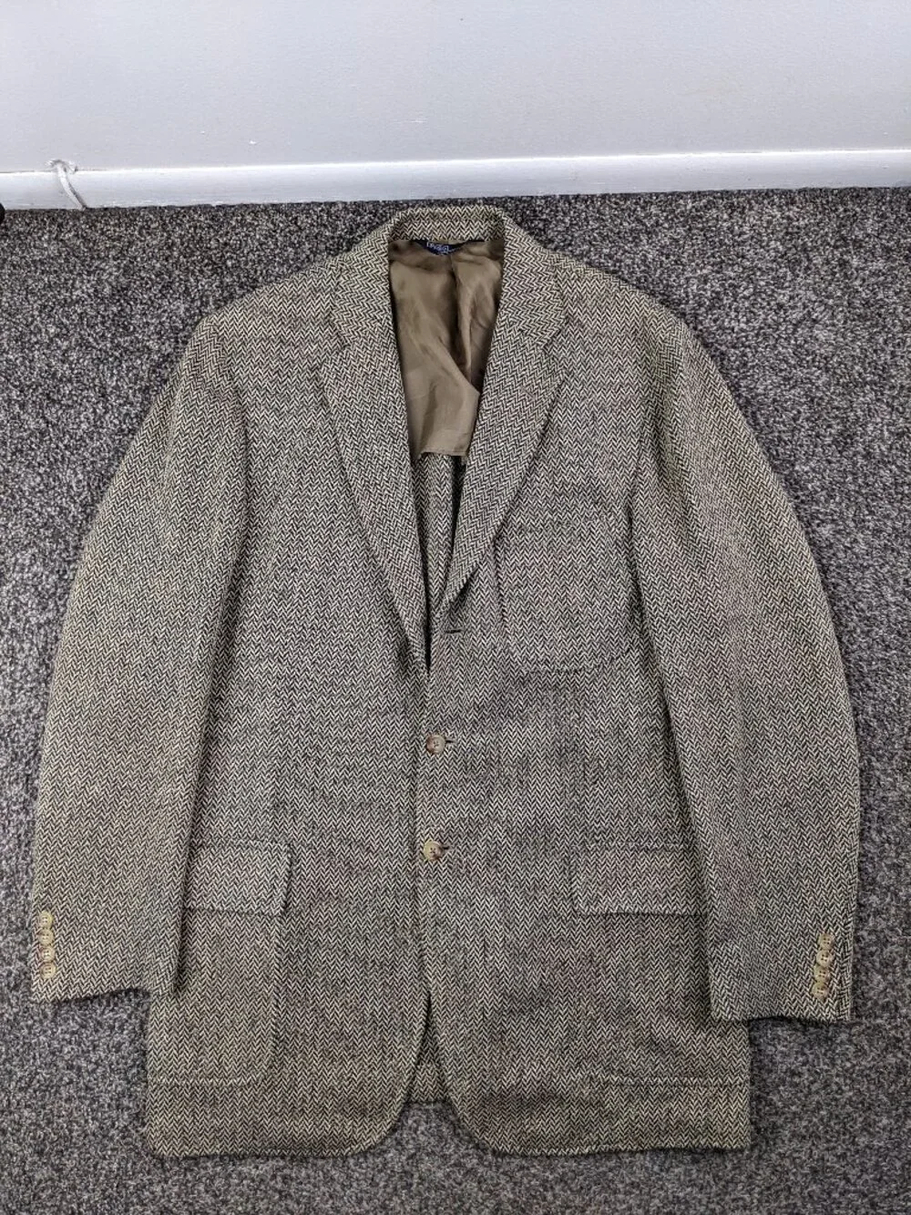 Polo Ralph Lauren Blazer Sport Coat Tweed Silk Tan Blue Herringbone 44L Italy